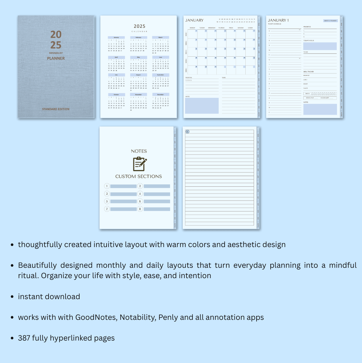 Planner with various layout designs on a light blue background